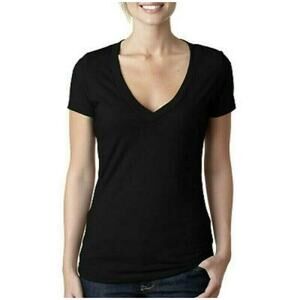Short Sleeve V-Neck Basic Tee T-Shirt Black Casual Tunic Stretch Classic M